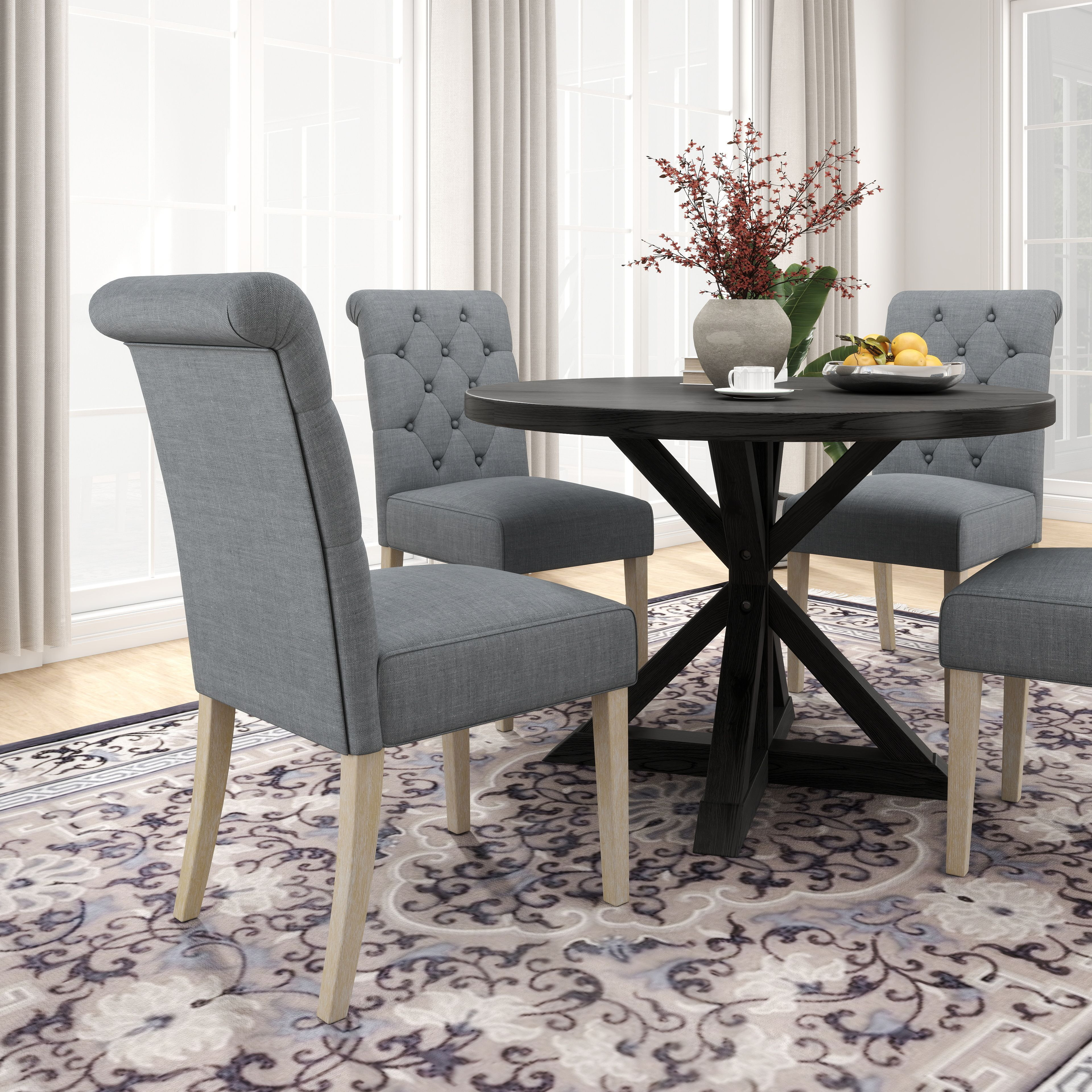 Banff 5-Piece Dining Set  Cross-Buck Round Table With 4 Tufted Chairs  Gray