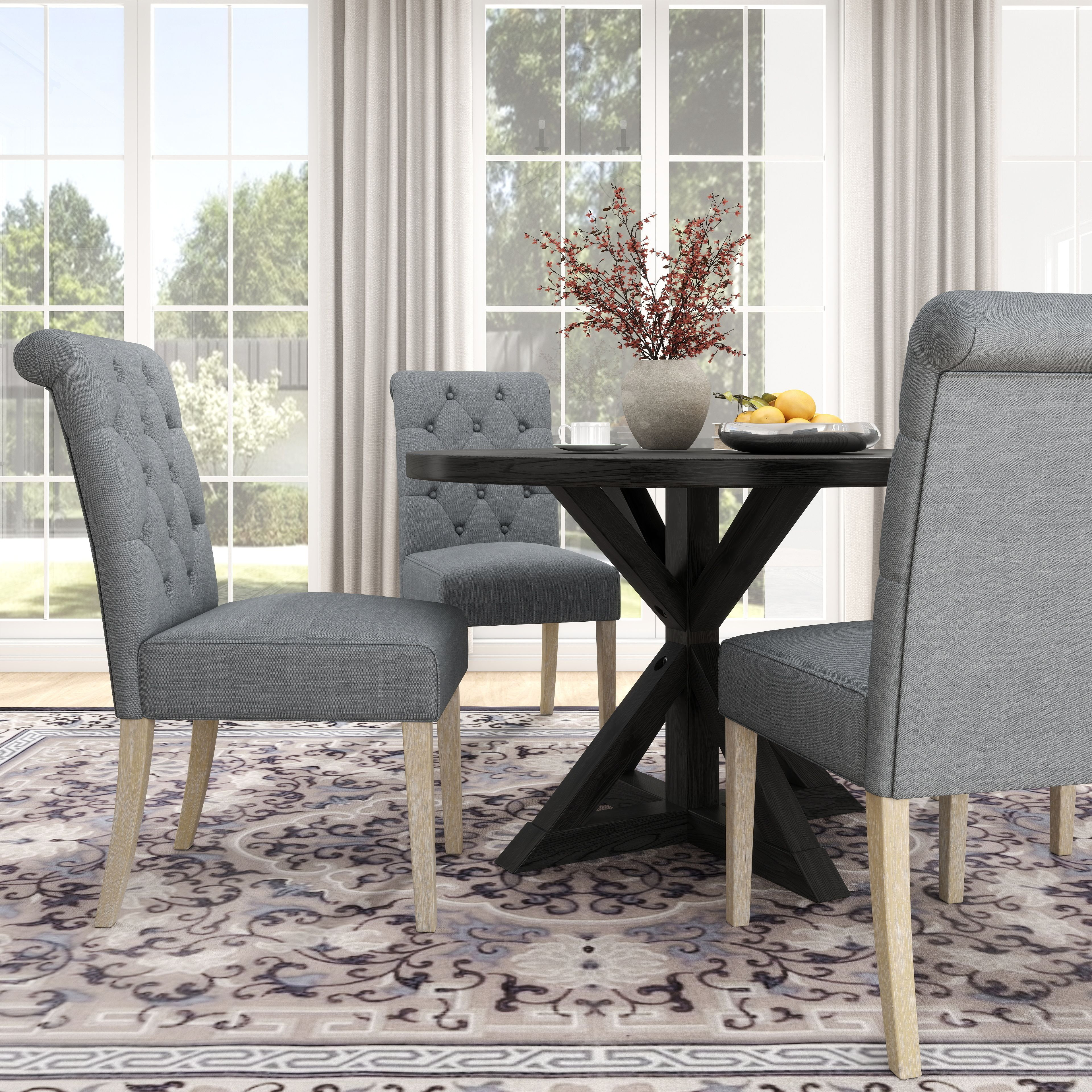 Banff 5-Piece Dining Set  Cross-Buck Round Table With 4 Tufted Chairs  Gray