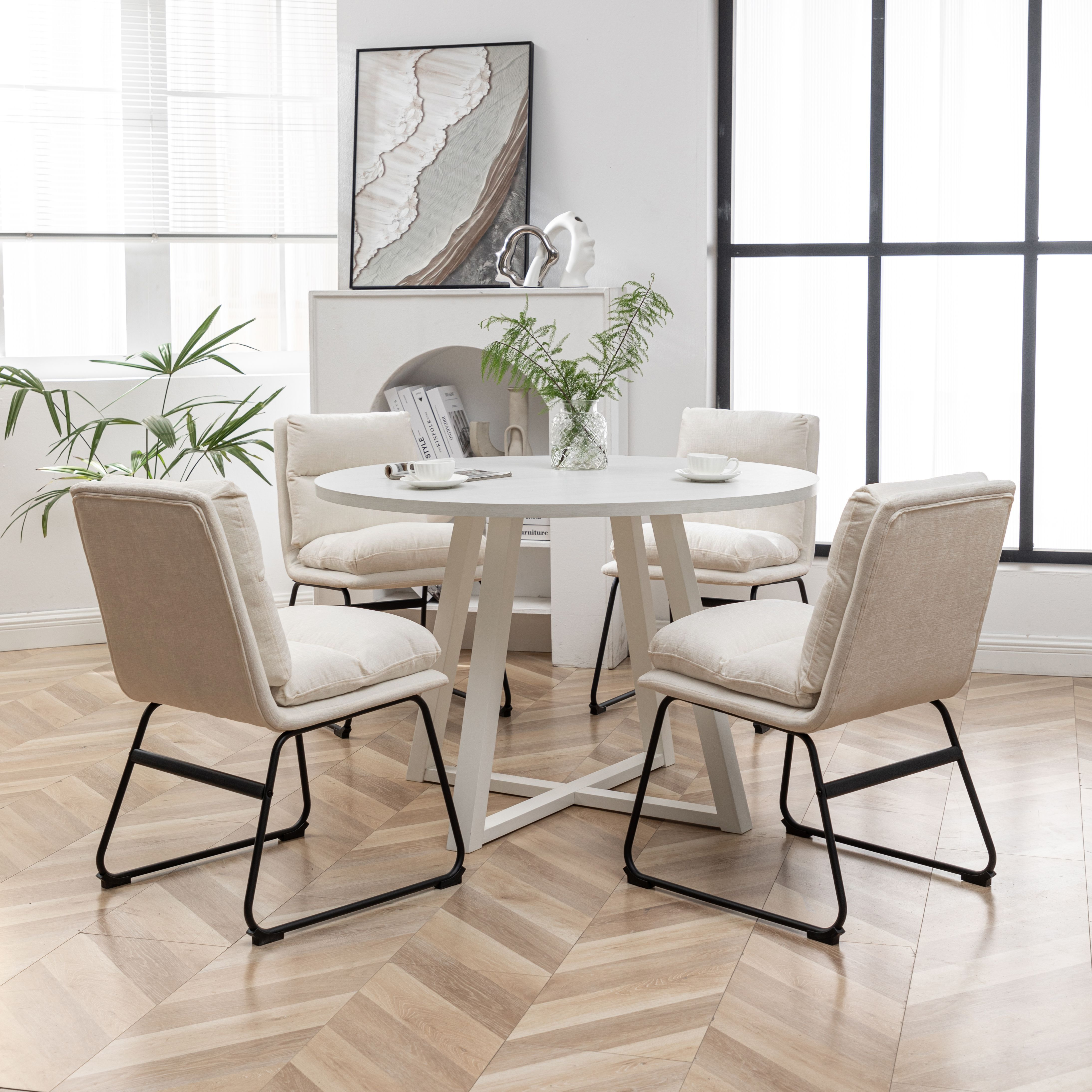 Innes 5-Piece Round Dining Set  Trestle Dining Table With 4 Stylish Chairs  Vanilla White