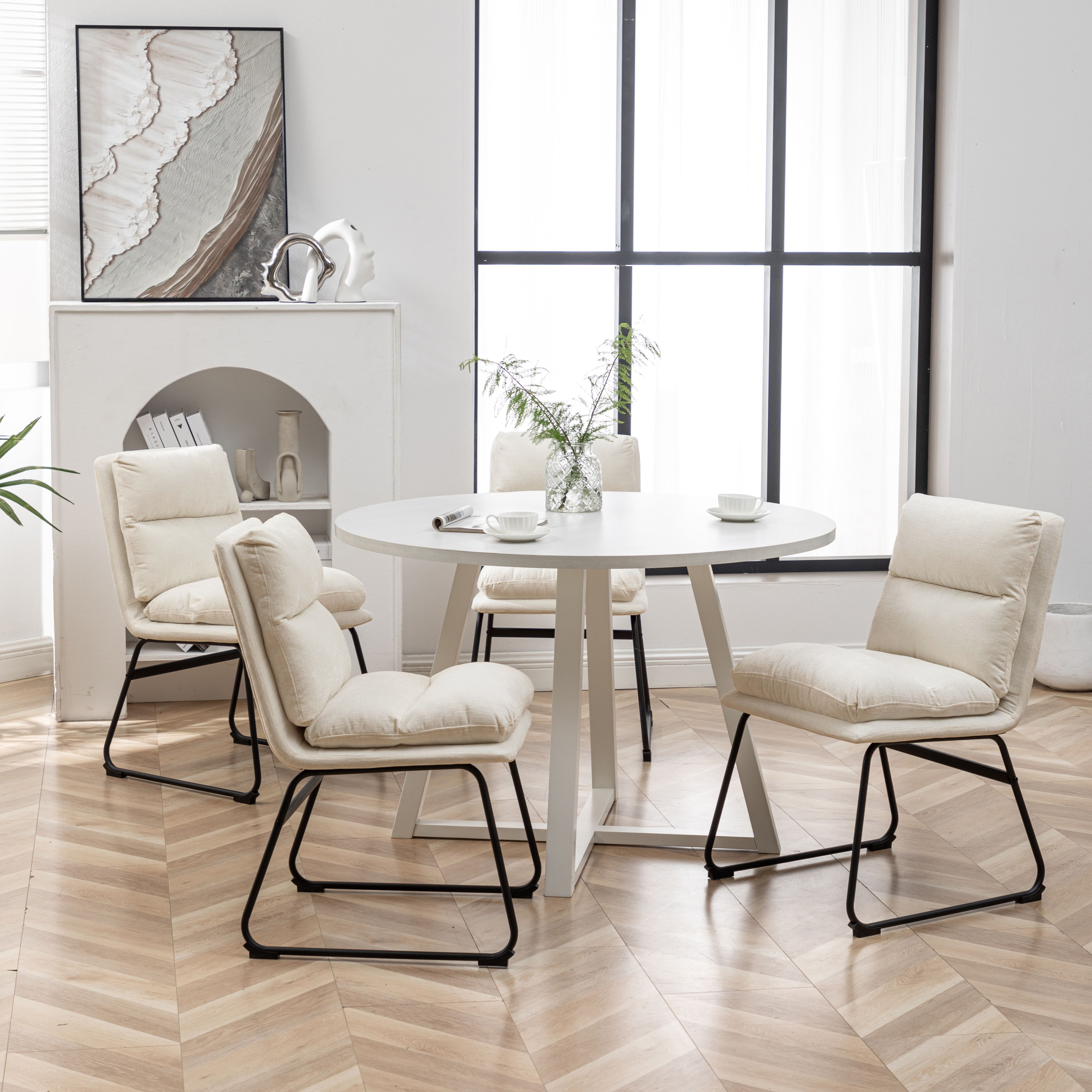 Innes 5-Piece Round Dining Set  Trestle Dining Table With 4 Stylish Chairs  Vanilla White