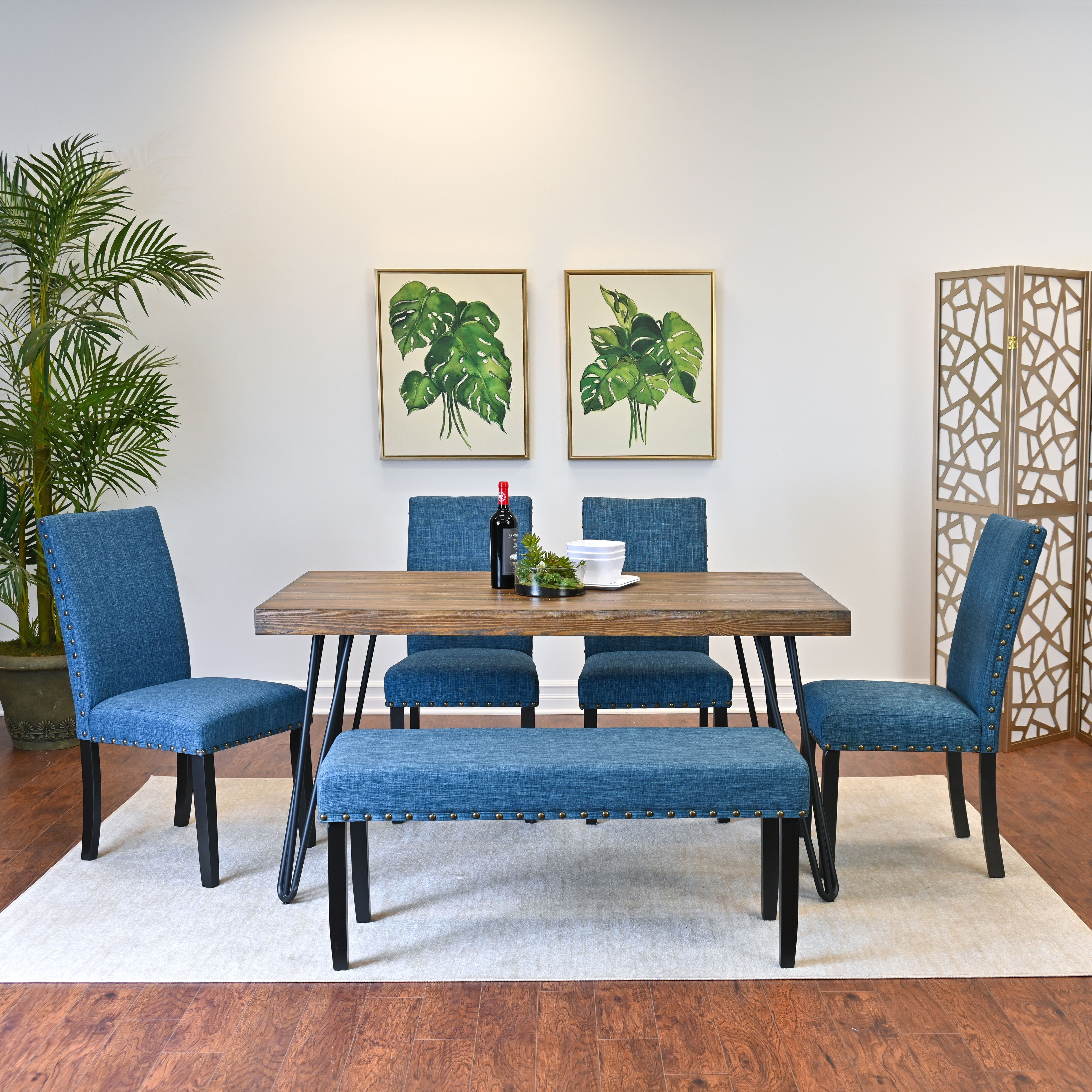 Amisos 6-Piece Dining Set  Hairpin Dining Table With 4 Chairs And Upholstery Bench  3 Color Options