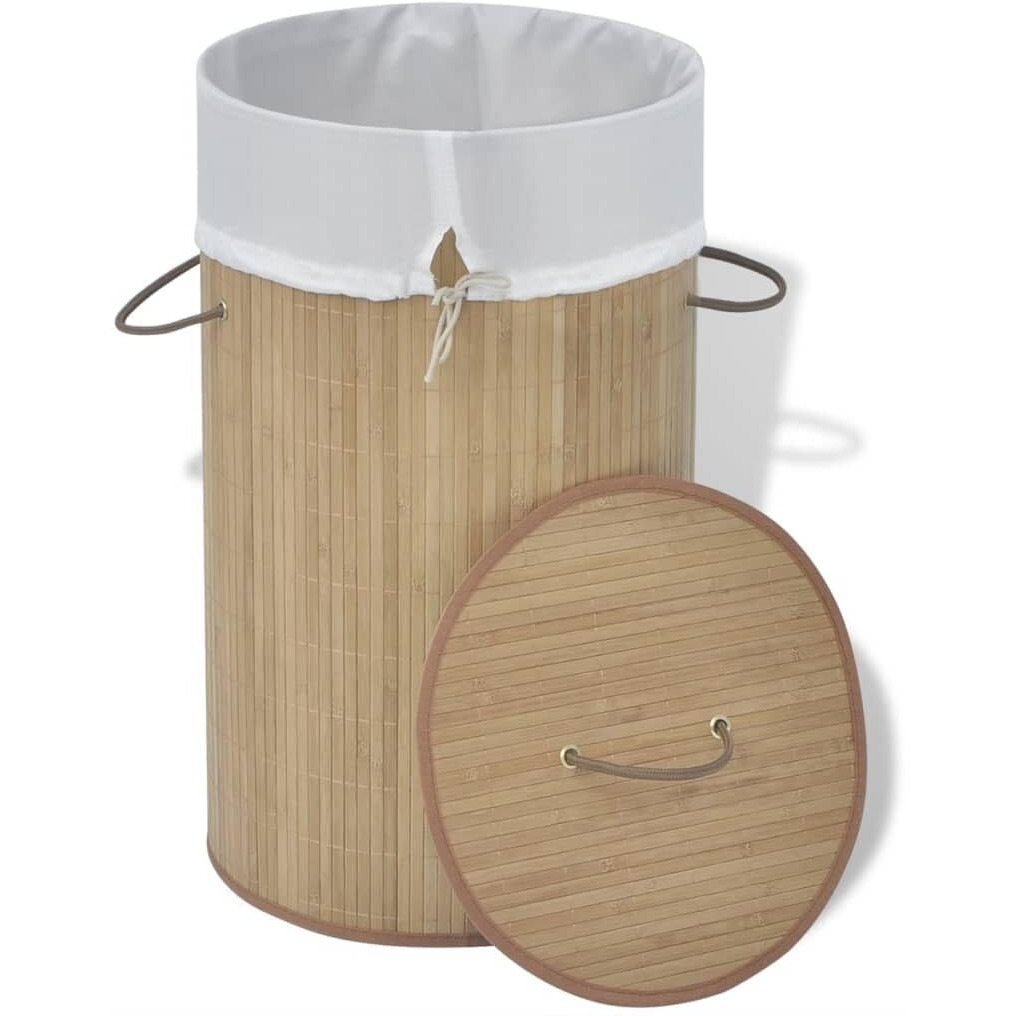 Vidaxl Collapsible Laundry Basket  Laundry Hamper With Lid And Handles  Dirty Clothes Basket With Removable Liner  Laundry Bin  Natural Round Bamboo