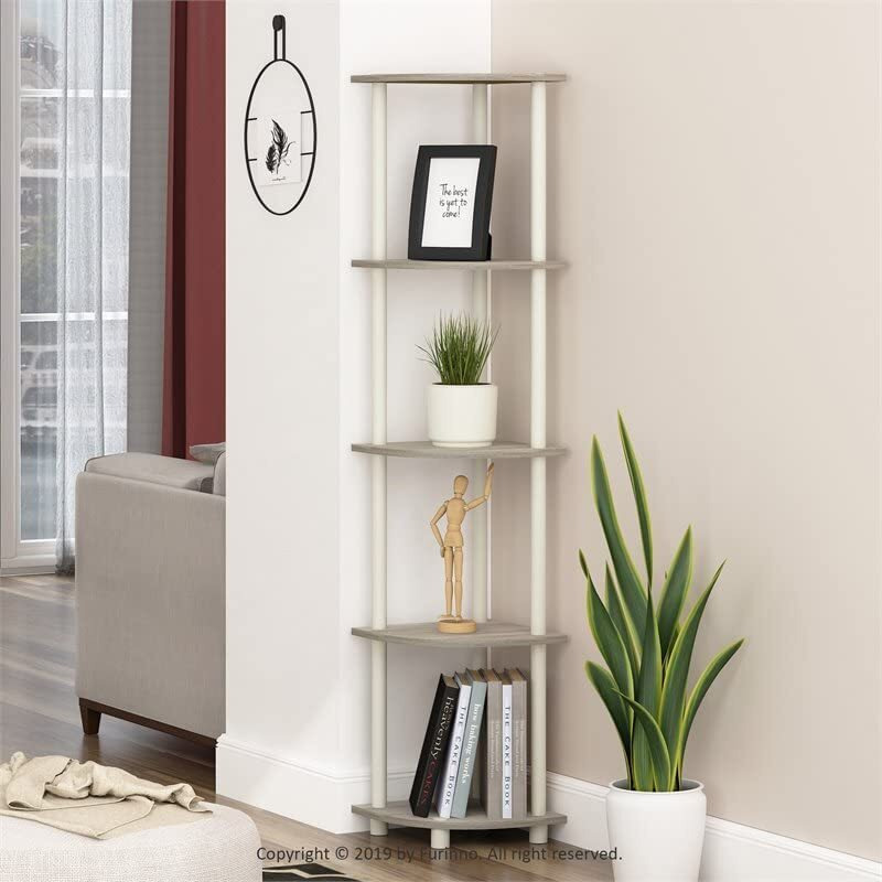 Furinno 99811 Turn-N-Tube 5 Tier Corner Display Rack Multipurpose Shelving Unit  Sonoma Oak/White