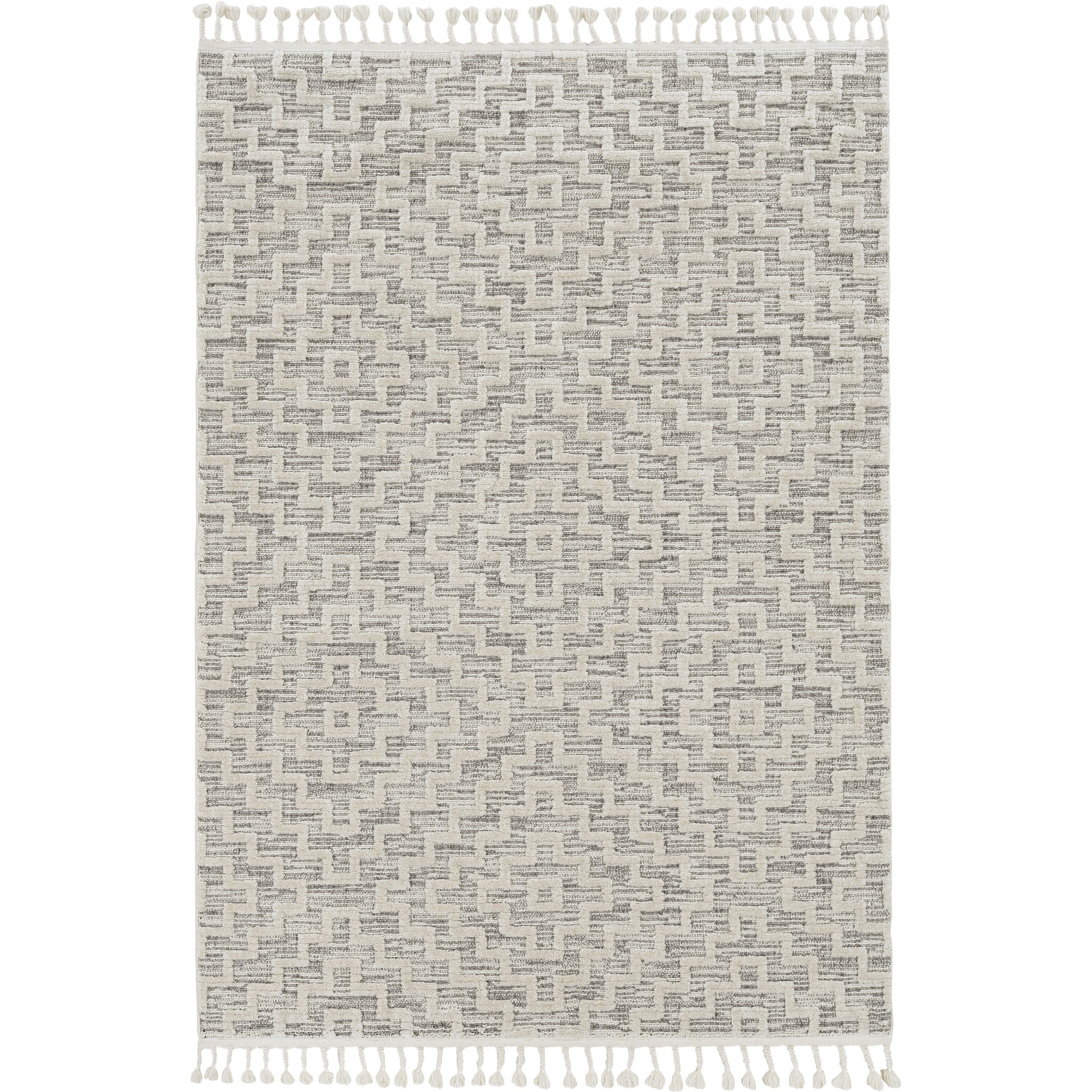 12'X15' Ivory Grey Machine Woven Diamond Pattern With Fringe Indoor Area Rug