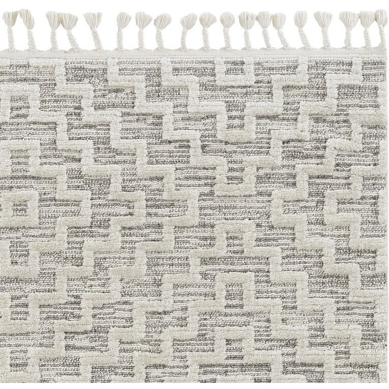 12'X15' Ivory Grey Machine Woven Diamond Pattern With Fringe Indoor Area Rug