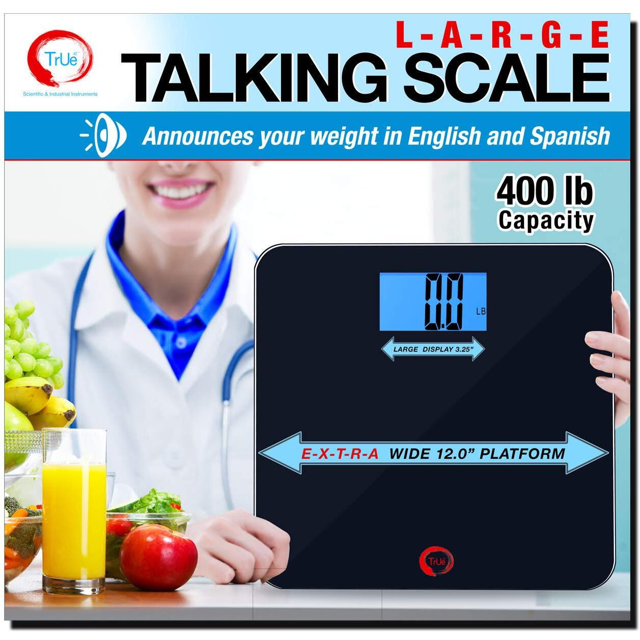 True 42 Echo-400 Large Talking Bathroom Scale  400Lb Capacity- Extra Wide Platform- Large Lcd Display- Precision Digital Scale