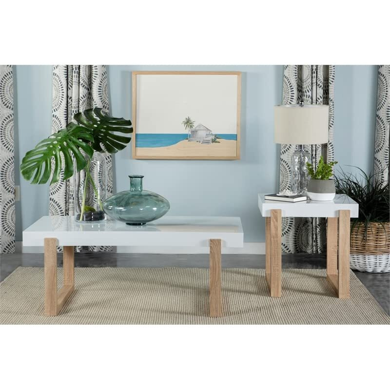 Pala Rectangular Coffee Table With Sled Base White High Gloss And Natural