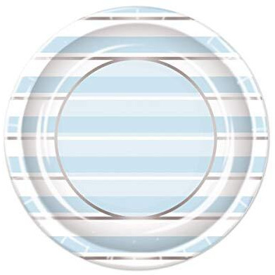 Blue And White Stripe Baby Shower Round Plates  9"" - 8 Pcs.