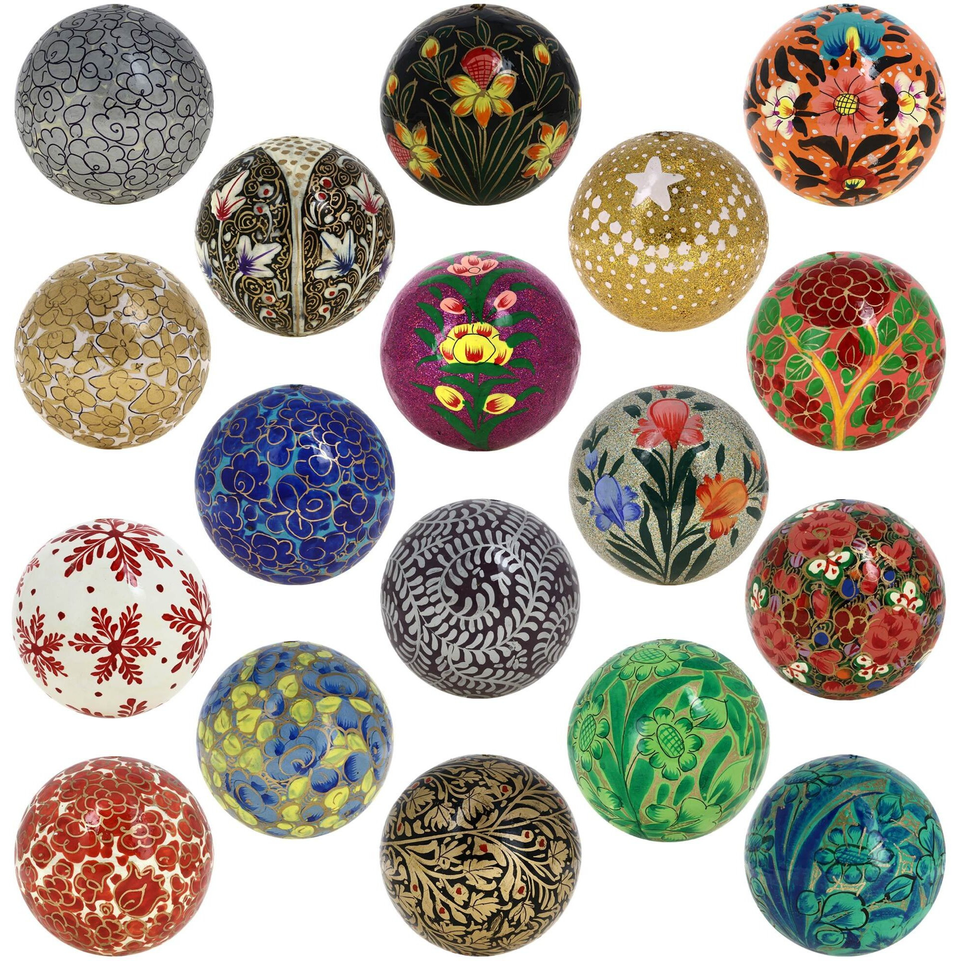 Shalinindia Set of 18 Paper Mache Ball Christmas Ornaments - Handmade Decoration Gifts Set