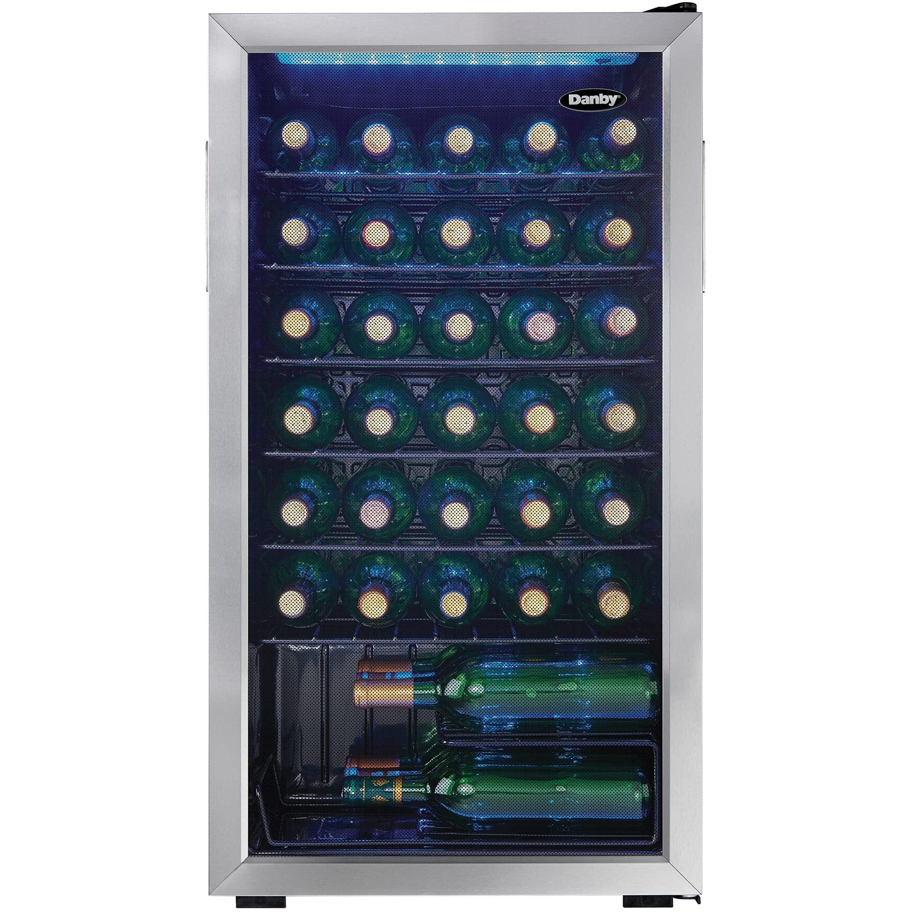 36 Bottle Wine Cooler, Interior Blue LED Lighting, Wire Shelves