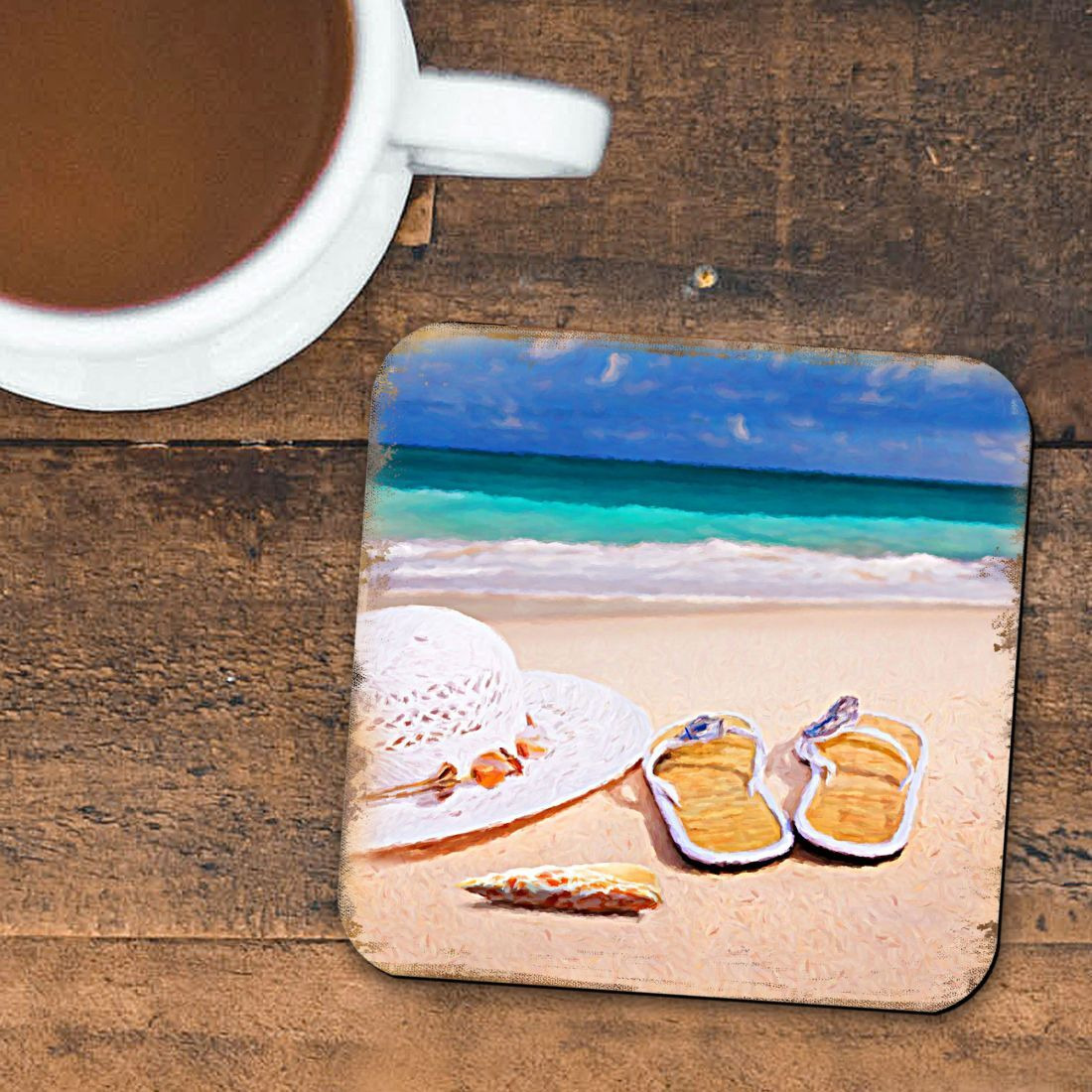 4 x 4 in. Beach Sandals & Hat Coastal Wooden Cork Coasters Gift - Set of 4