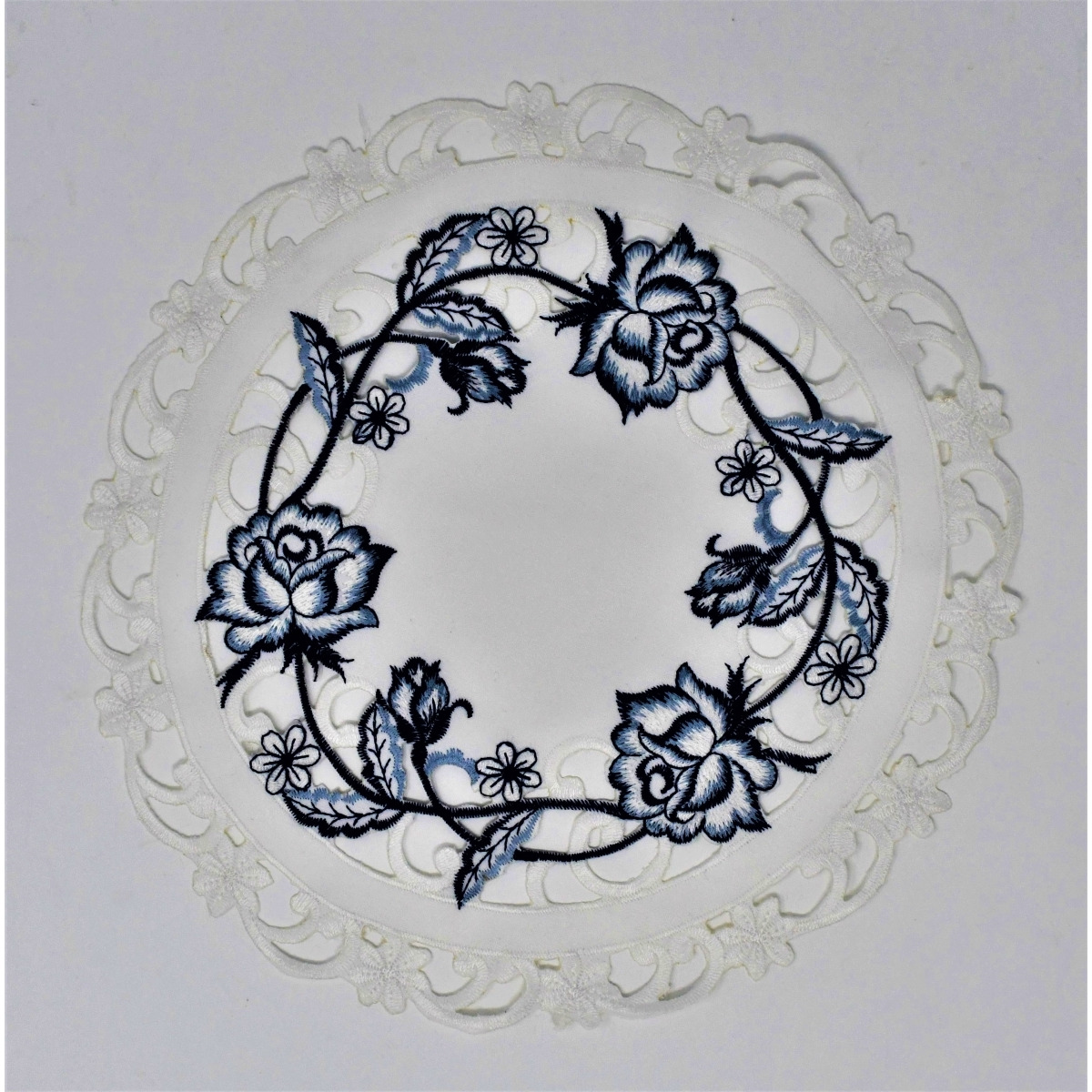 12 in. Blue Rose on White Fabric Doily