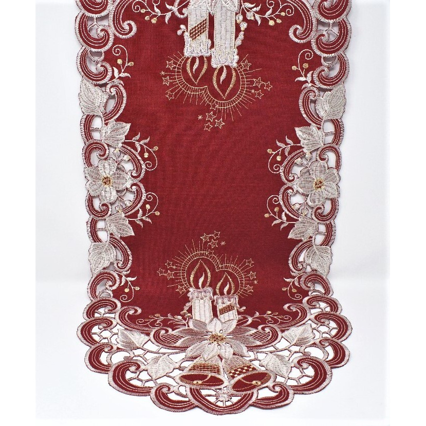 16 x 36 in. Candles&44 Bells & Poinsettia Red Fabric Table Runner