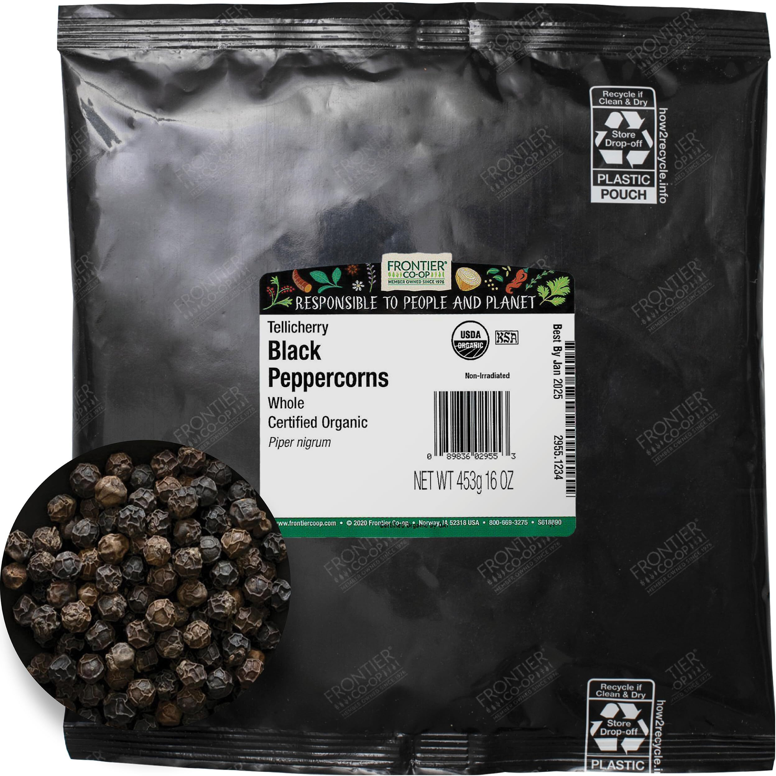 Frontier Herb Peppercorns Organic Whole Black Tellicherry Grade - Single Bulk Item - 1LB(D0102HHGXD2.)