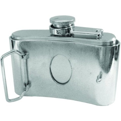 Mini Flask Belt Buckle - Stainless Steel, Magnet Fastened, Satin Finish with Polished Top and Bottom - Fits 1 1/2" Wide Belt, 3 7/8  2 15/16"