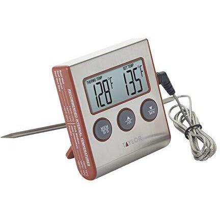 Taylor Precision Products Instant Read Wired Probe Digital Meat Food Grill BBQ Cooking Kitchen Thermometer with Timer Alarm, Red