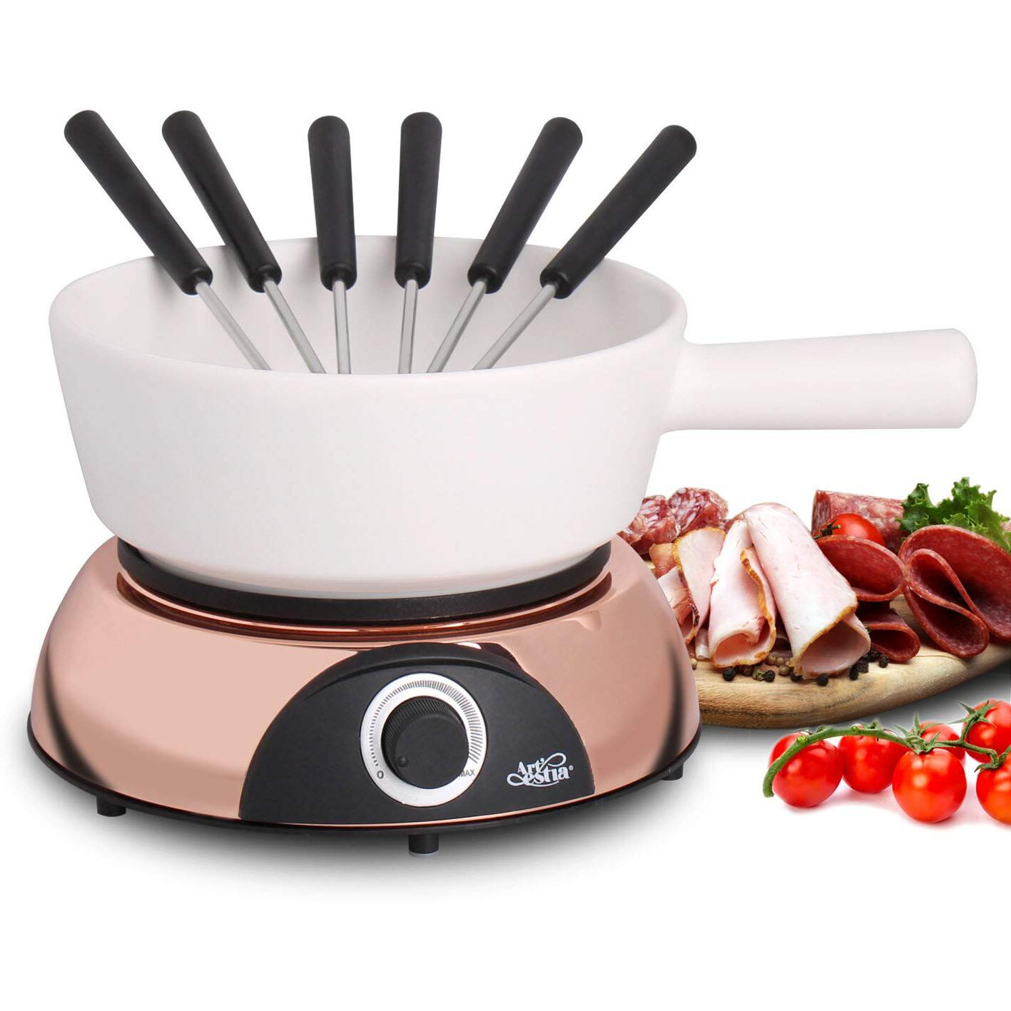 Artestia 1500W Electric Fondue Pot for Meat, 2-QT Ceramic Chocolate Melting Pot with Adjustable Temperature, 6 Fondue Forks, White Ceramic Pot with Rose-Gold Base