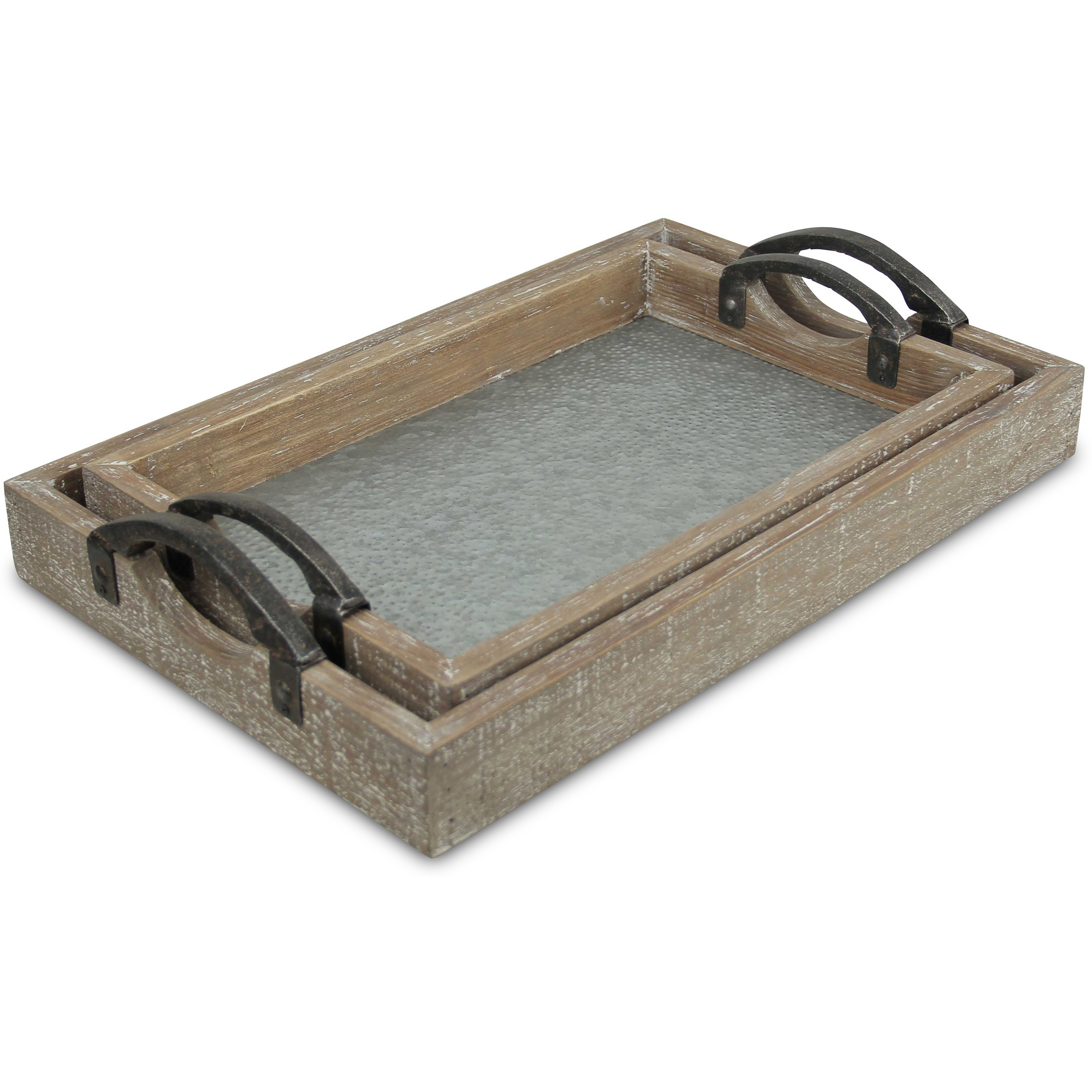 Monoe Set of 2 Wood Frame Tray with Galvanized Base and Cast Iron Handles