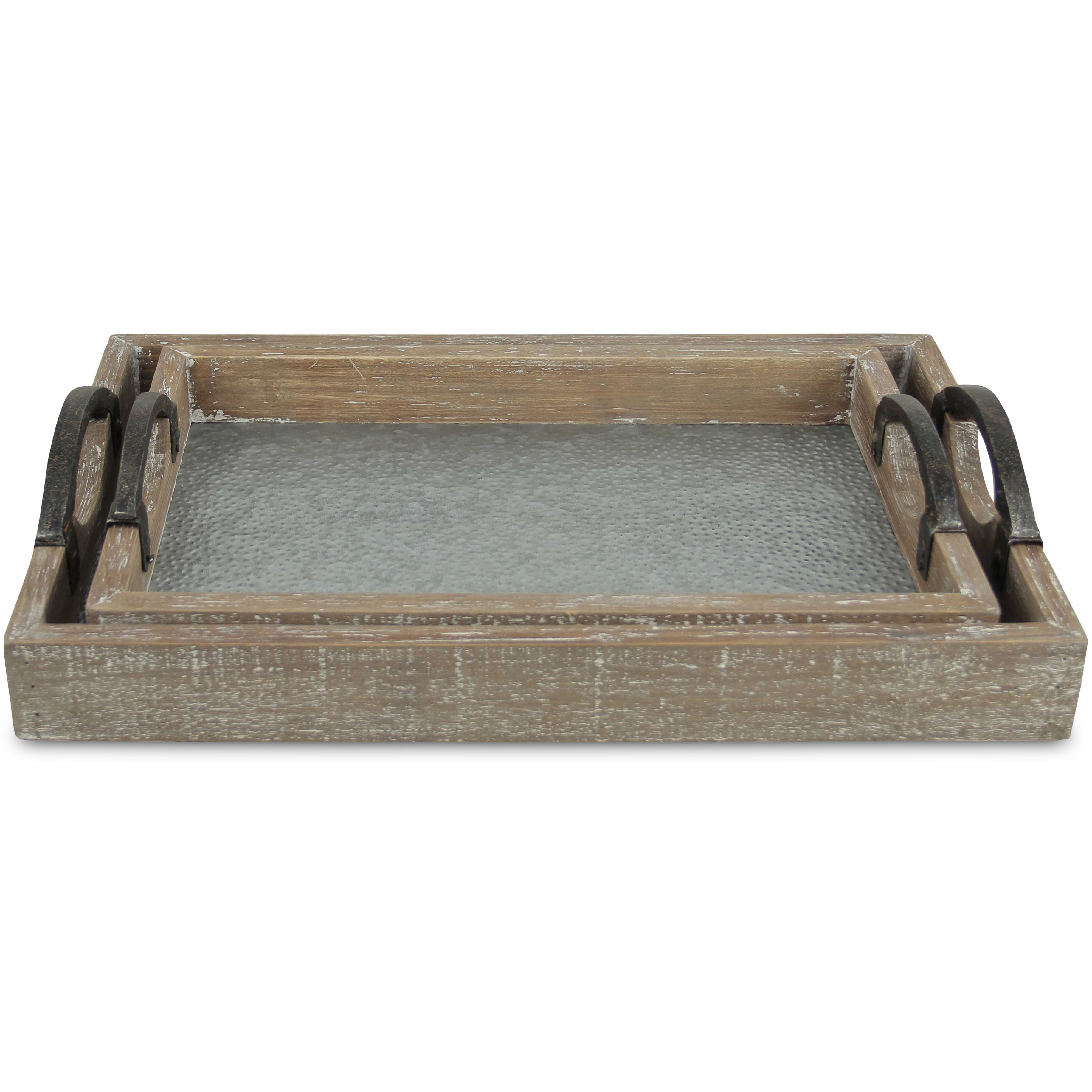 Monoe Set of 2 Wood Frame Tray with Galvanized Base and Cast Iron Handles