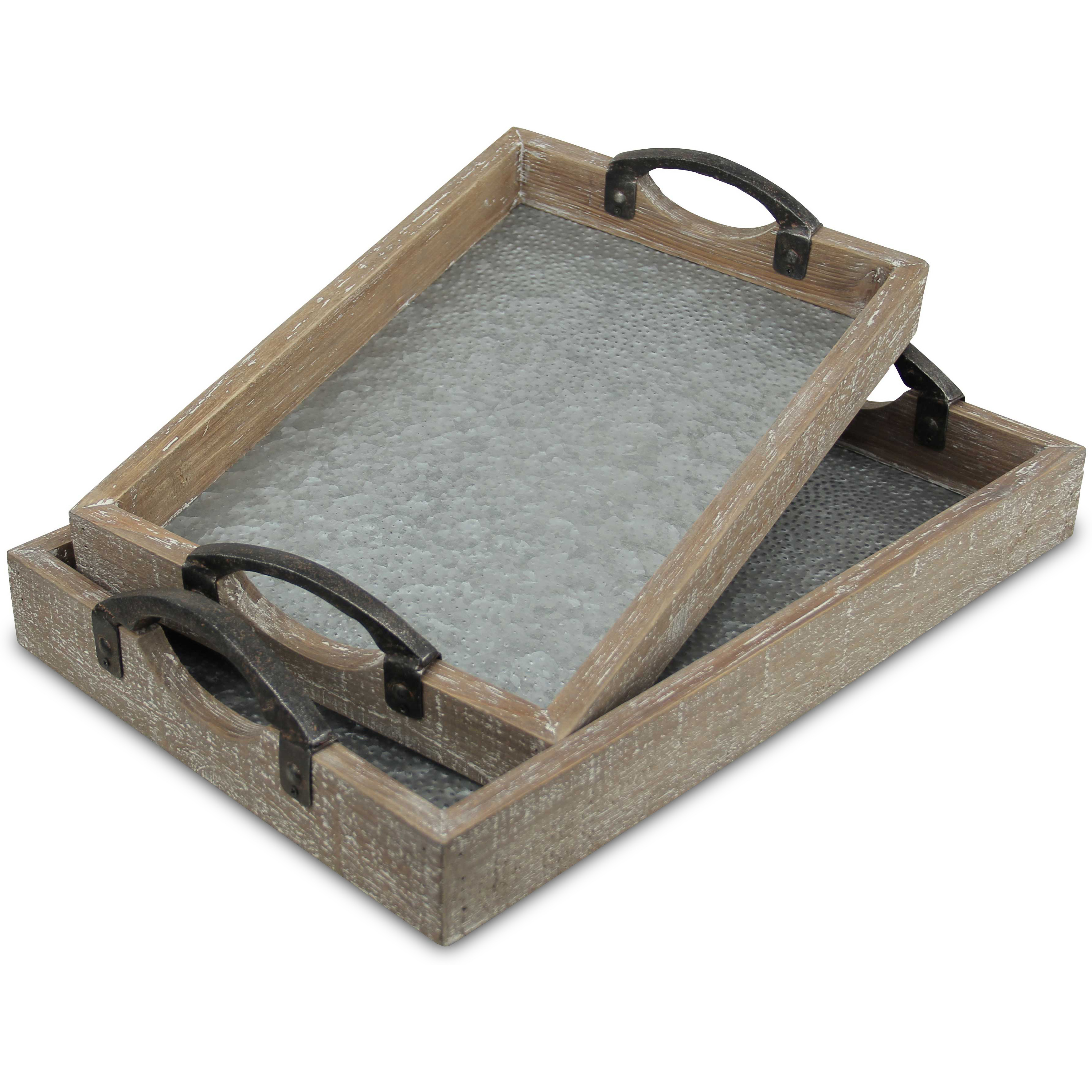 Monoe Set of 2 Wood Frame Tray with Galvanized Base and Cast Iron Handles