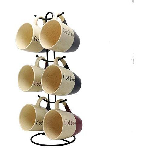 Elama Coffee House 6-Piece 12 oz. Mug Set with Stand, Assorted Colors