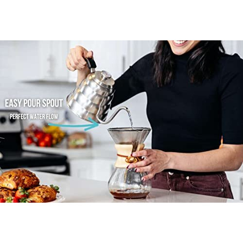 Barista Warrior Gooseneck Kettle for Pour Over Coffee and Tea with Thermometer for Exact Temperature, Precision Pour Drip Spout, Compatible with all Stove Tops (Copper Coated, 1.2 Liter, 40 fl oz)