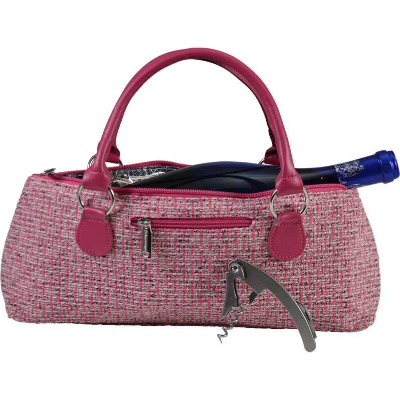 Primeware 3026-PK Womens Pink Tweed Insulated Single Bottle Wine clutch Tote Bag