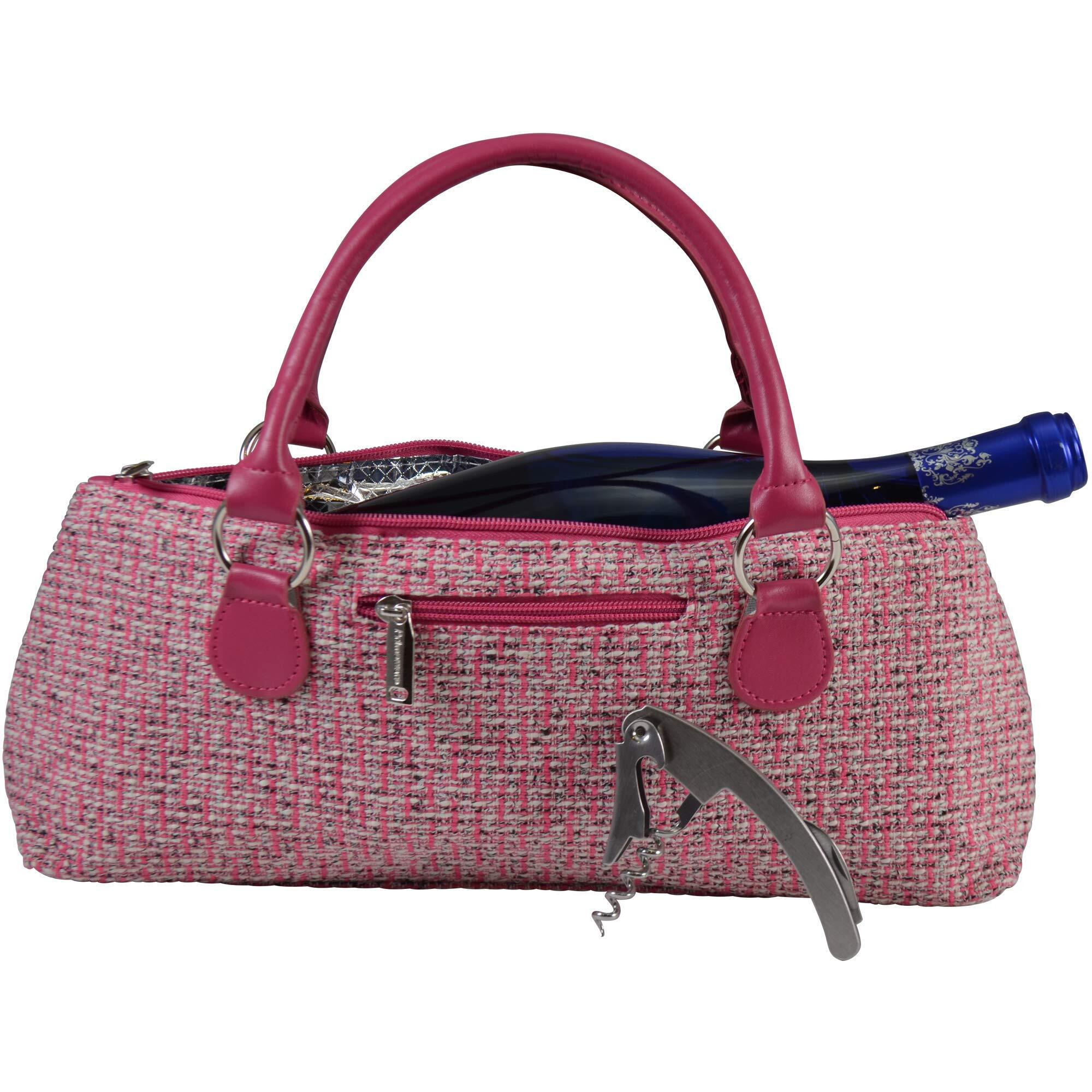 Primeware 3026-PK Womens Pink Tweed Insulated Single Bottle Wine clutch Tote Bag