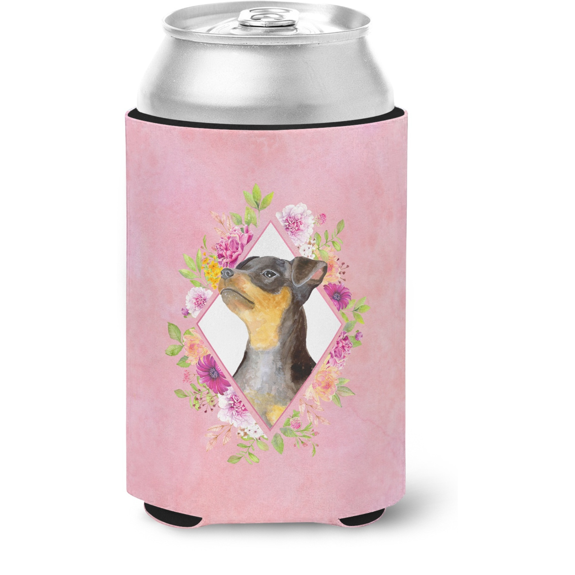 &quotCaroline's Treasures Black Miniature Pinscher Pink Flowers Can or Bottle Hugger cold-beverage-koozies, 12 oz, Multicolor"