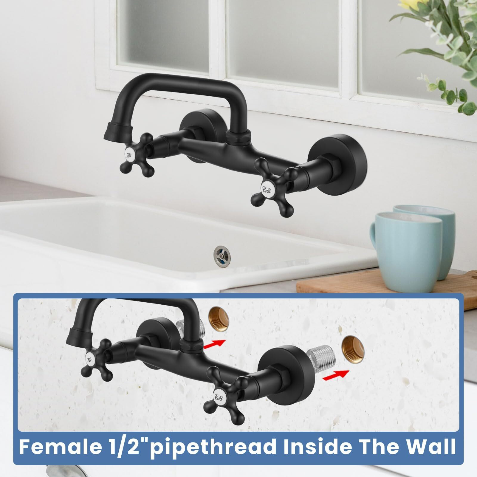 Airuida Wall Mount Kitchen Sink Faucet for 6 Inch(15cm) Spout Reach 8 Inch Center Adjustable Center Double Cross Handles Hot and Cold Water Mixer Tap 360 Rotatable Faucet Matte Black