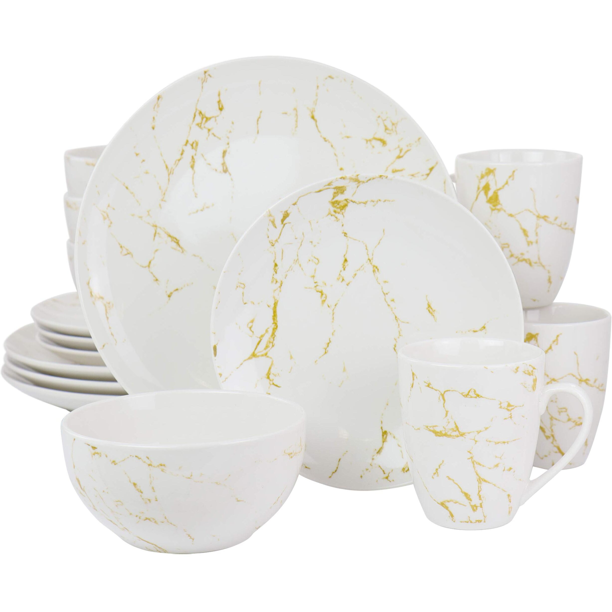 Elama Fine Marble 16 Piece Stoneware Dinnerware Set in Gold and White