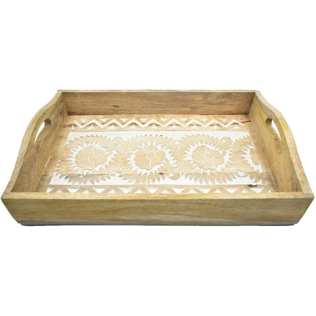 Hand Carved Wooden Breakfast Serving Tray with Handle for Breakfast Tea Snack Dessert | Kitchen Dining Serve-Ware Accessories | 15 x 10 Inches | 2047