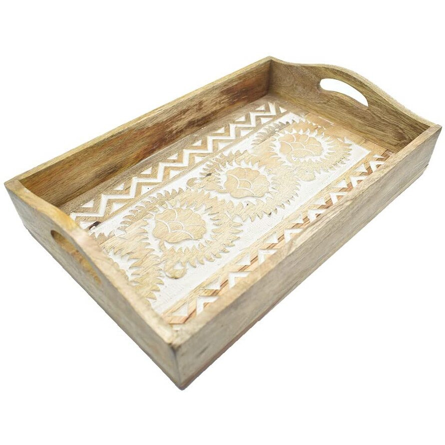 Hand Carved Wooden Breakfast Serving Tray with Handle for Breakfast Tea Snack Dessert | Kitchen Dining Serve-Ware Accessories | 15 x 10 Inches | 2047