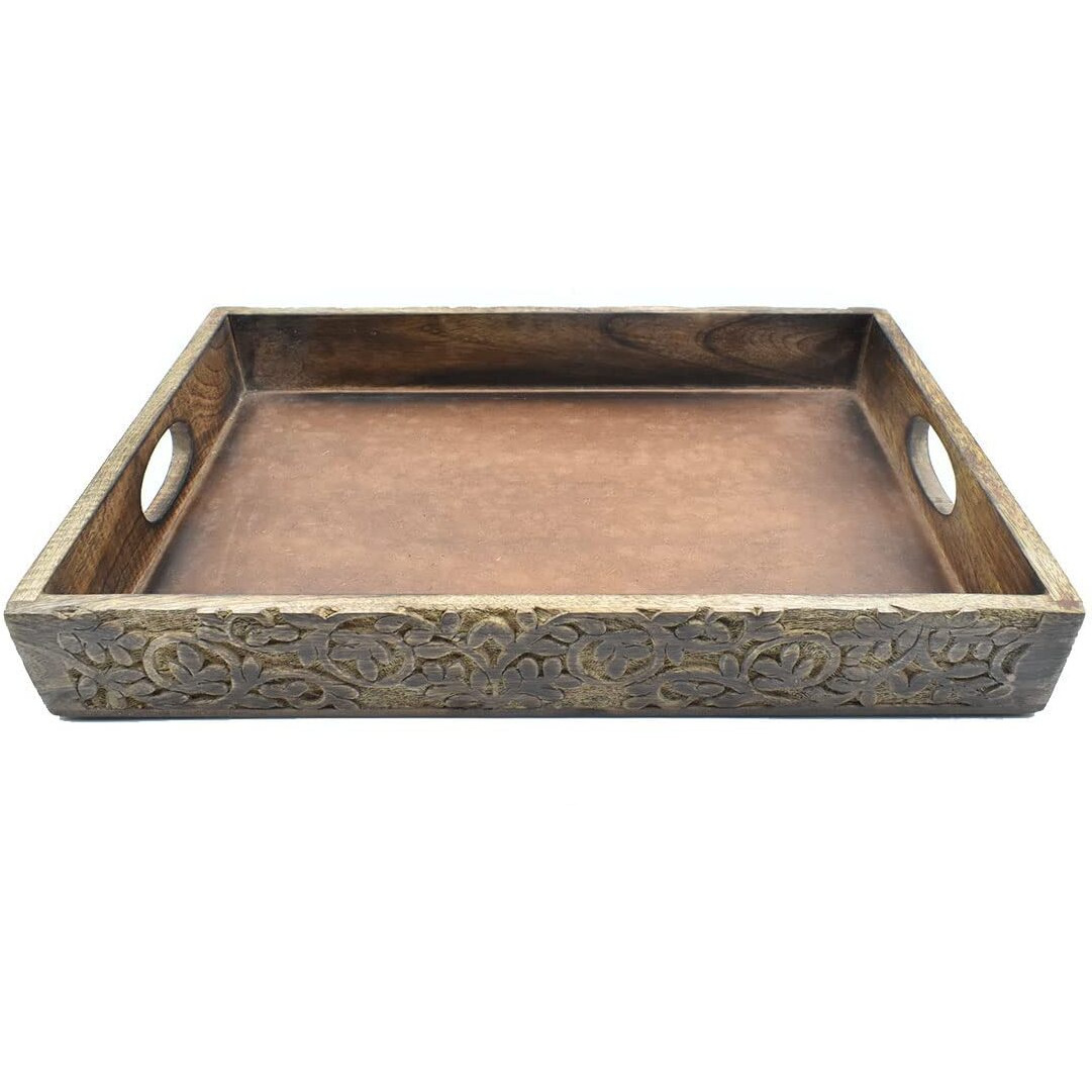 STORE INDYA Hand Crafted Vintage Wooden Serving Tray with Handle for Kitchen Dining. Serve-Ware Accessories | 15 x 10 Inches