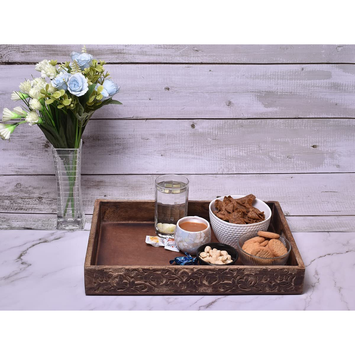 STORE INDYA Hand Crafted Vintage Wooden Serving Tray with Handle for Kitchen Dining. Serve-Ware Accessories | 15 x 10 Inches