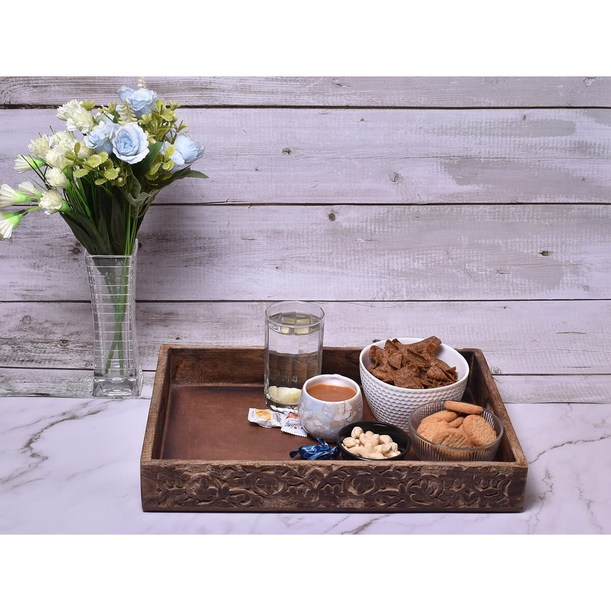 STORE INDYA Hand Crafted Vintage Wooden Serving Tray with Handle for Kitchen Dining. Serve-Ware Accessories | 15 x 10 Inches