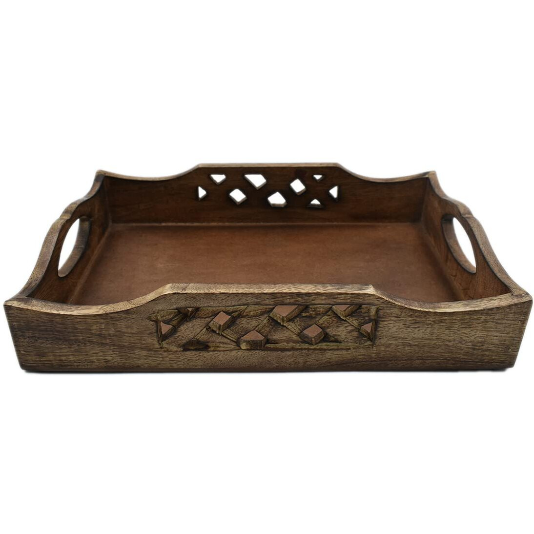 STORE INDYA Rustic Large Wooden Serving Tray Platter for Tea Snack Dessert with Handle Hand Carved Floral Design Kitchen Dining Serve-Ware Accessories 14 x 10 Inches (Dark Brown)