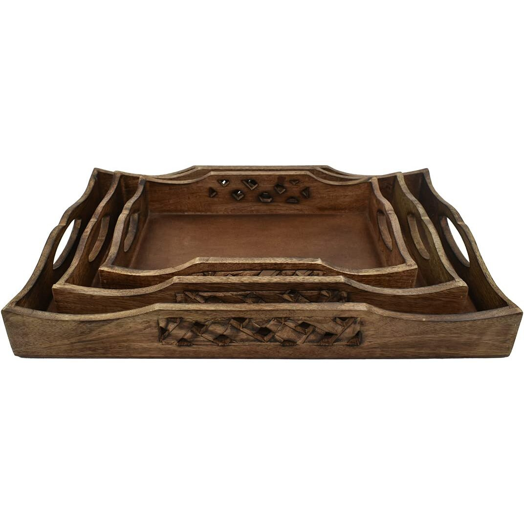 STORE INDYA Rustic Large Wooden Serving Tray Platter for Tea Snack Dessert with Handle Hand Carved Floral Design Kitchen Dining Serve-Ware Accessories 14 x 10 Inches (Dark Brown)