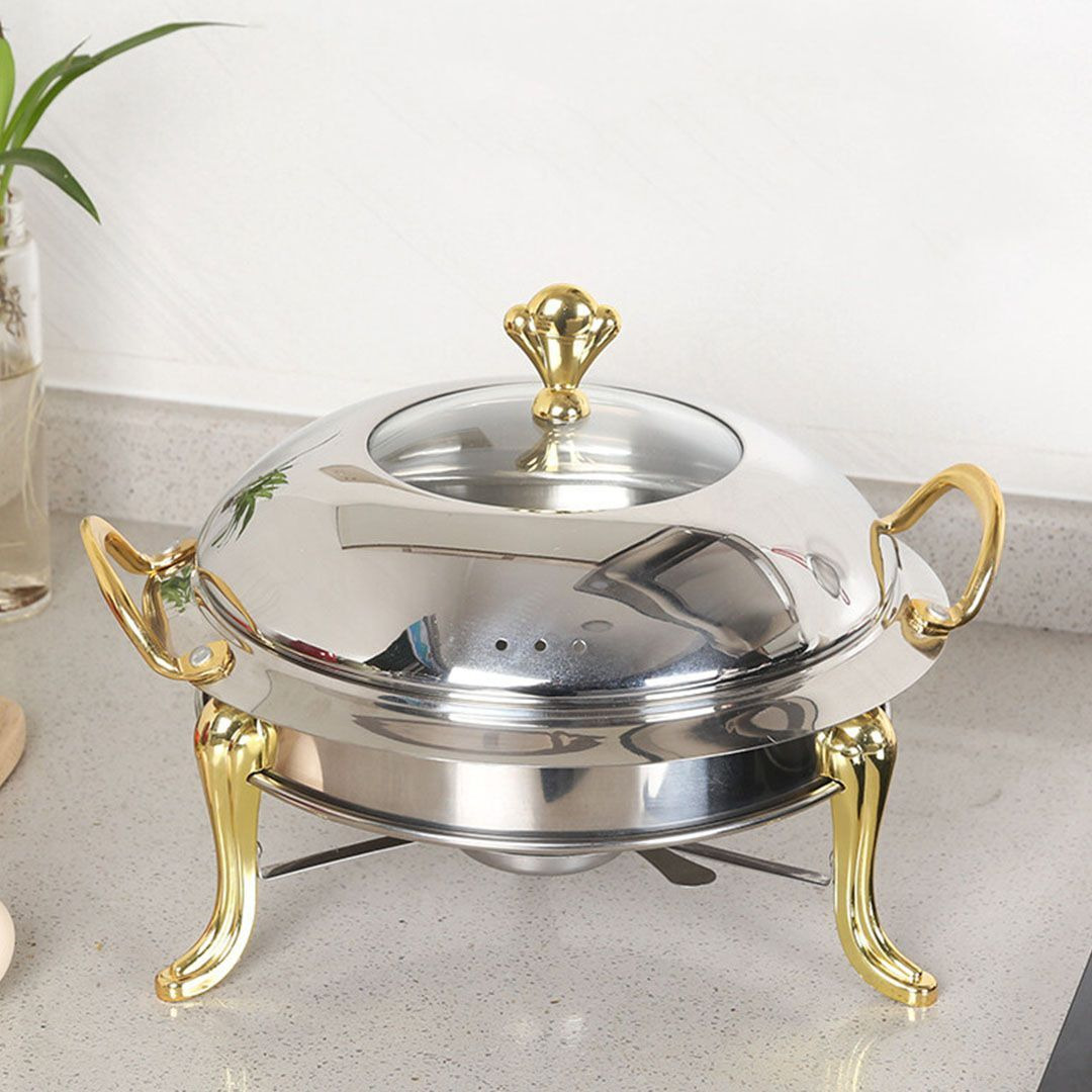 SOGA Stainless Steel Gold Accents Round Buffet Chafing Dish Cater Food Warmer Chafer with Glass Top Lid