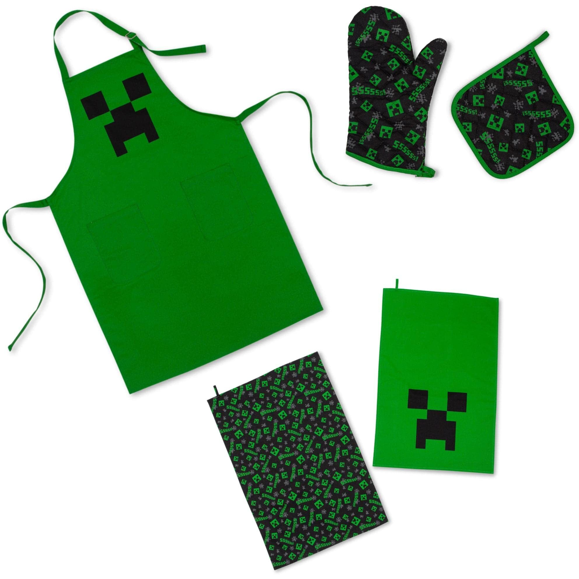 Minecraft green creeper Kitchen Set  Apron, Oven Mitt, Dish Towels, Pot Holder