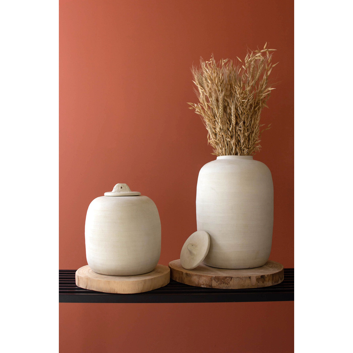 SET OF TWO OFF-WHITE CERAMIC CANISTERS