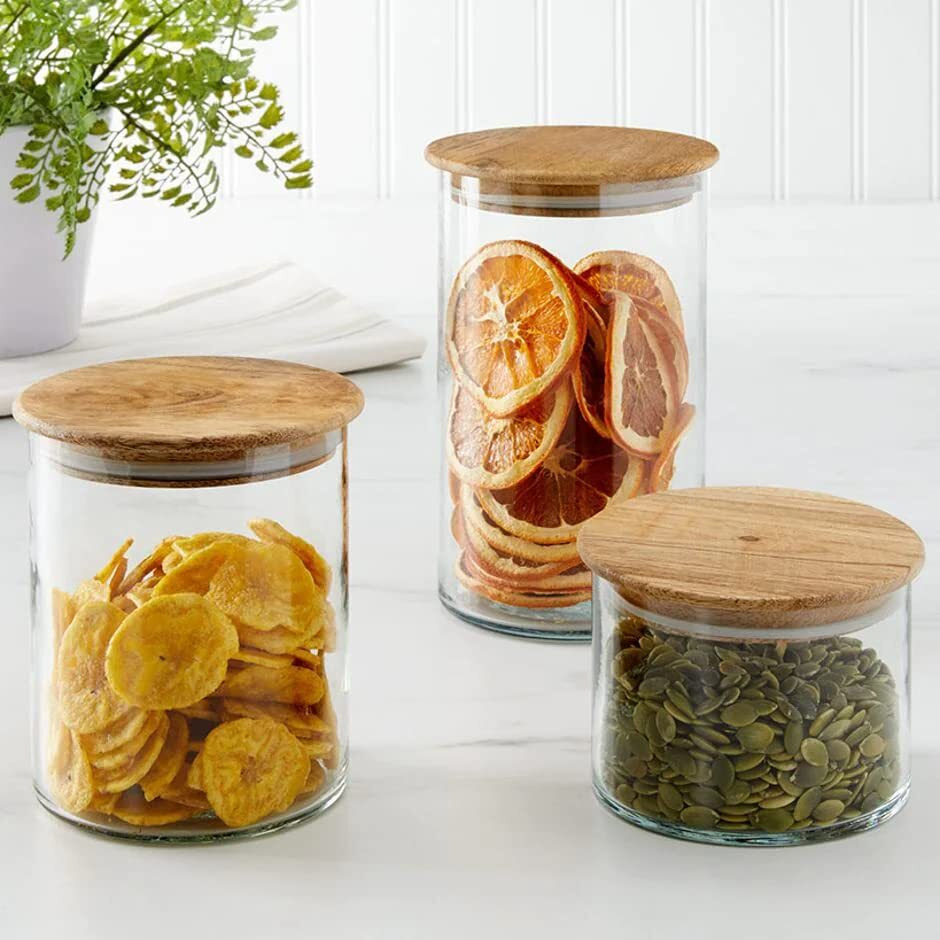 Set of 3 Canisters with Wood Lids