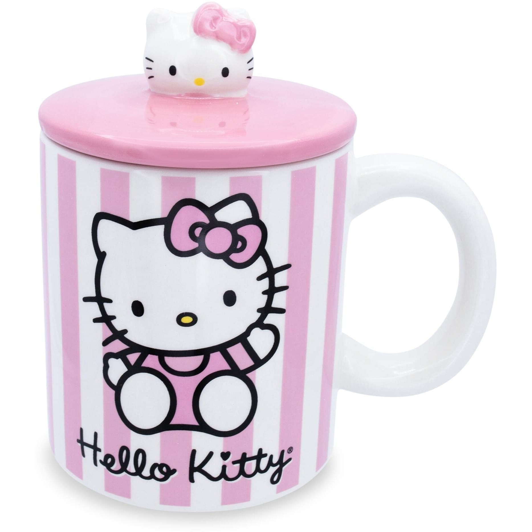 Sanrio Hello Kitty Pink Stripes ceramic Mug With Lid  Holds 18 Ounces