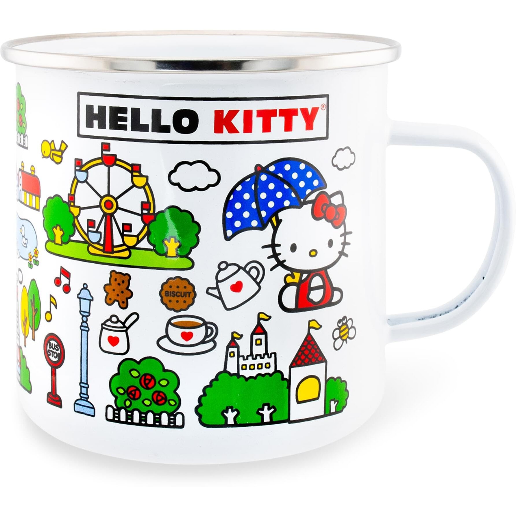 Sanrio Hello Kitty Destination Town Enamel camper Mug  Holds 21 Ounces