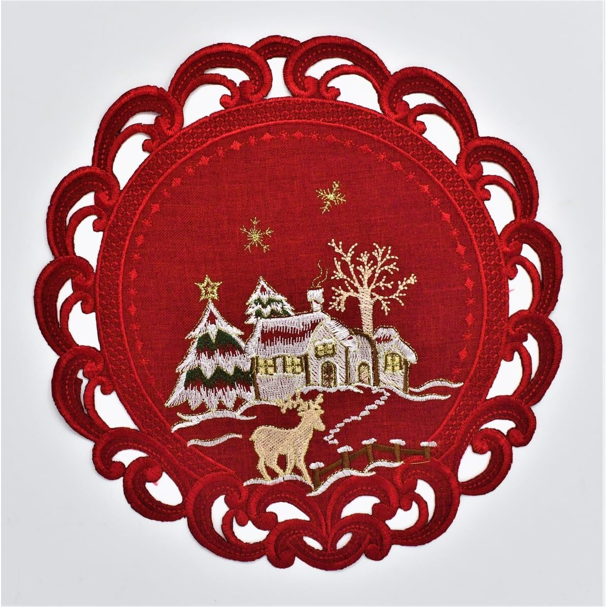 12 in. Reindeer&44 Snow House & Pine Tree Doily