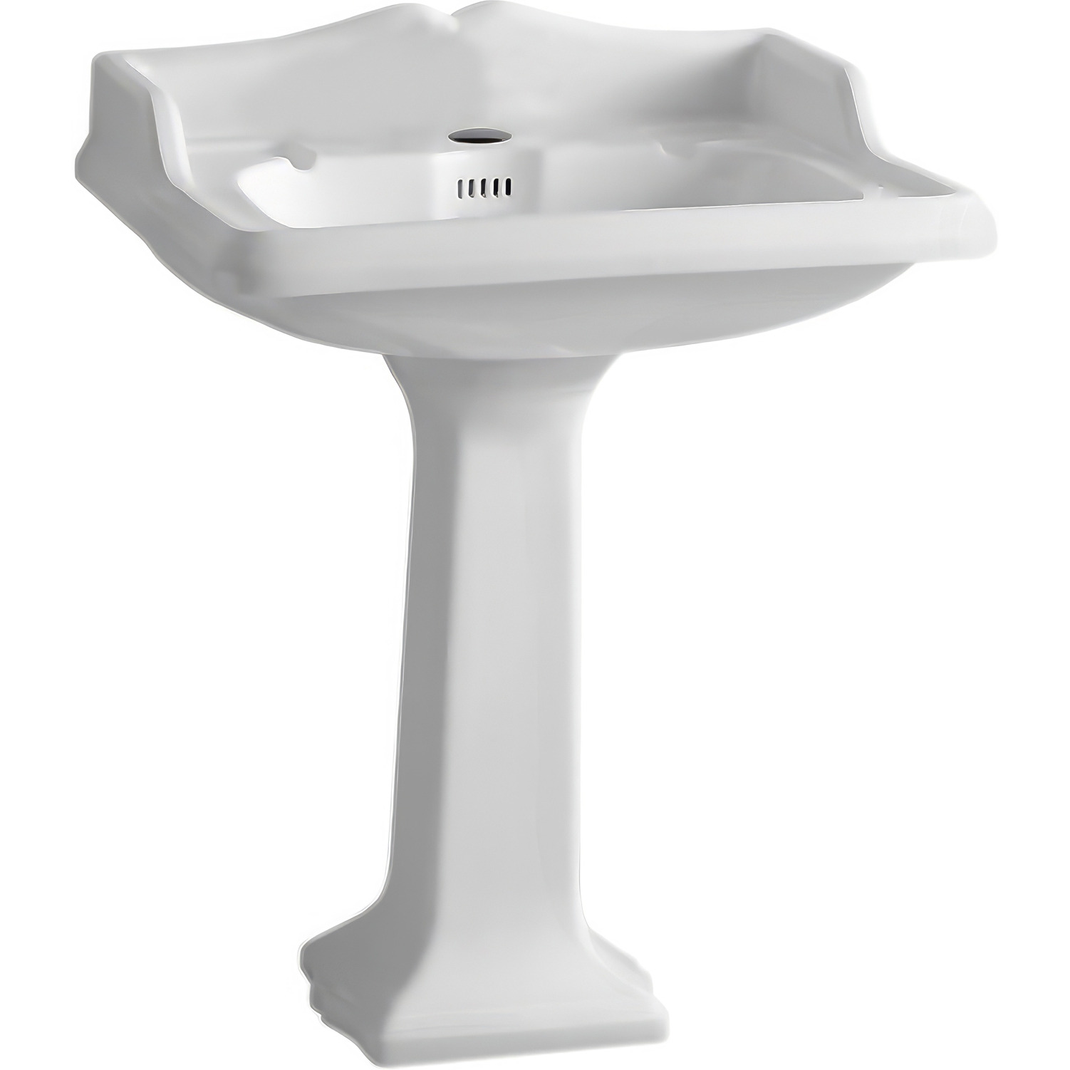 Isabella Collection Traditional Pedestal with an Integrated large Rectangular Bowl, Single Hole Faucet Drilling, Backsplash, Dual Soap Ledges, Decorative Trim and Overflow