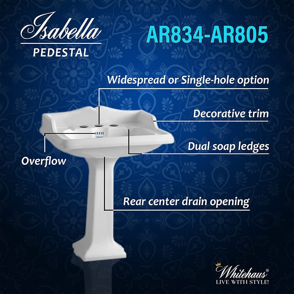 Isabella Collection Traditional Pedestal with an Integrated large Rectangular Bowl, Single Hole Faucet Drilling, Backsplash, Dual Soap Ledges, Decorative Trim and Overflow