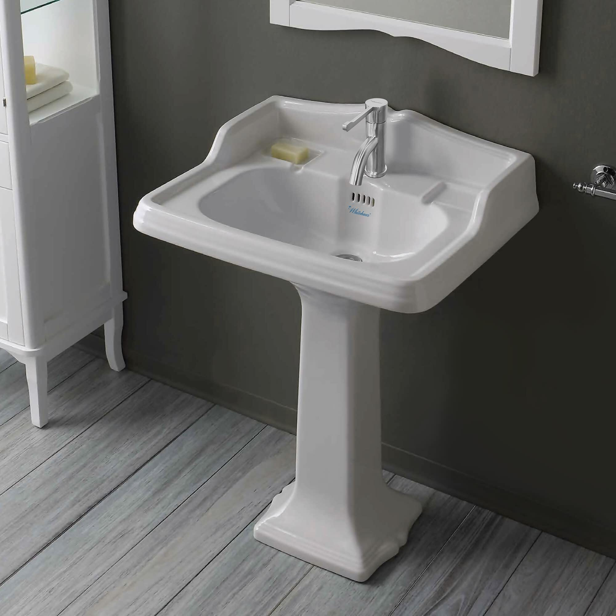 Isabella Collection Traditional Pedestal with an Integrated large Rectangular Bowl, Single Hole Faucet Drilling, Backsplash, Dual Soap Ledges, Decorative Trim and Overflow