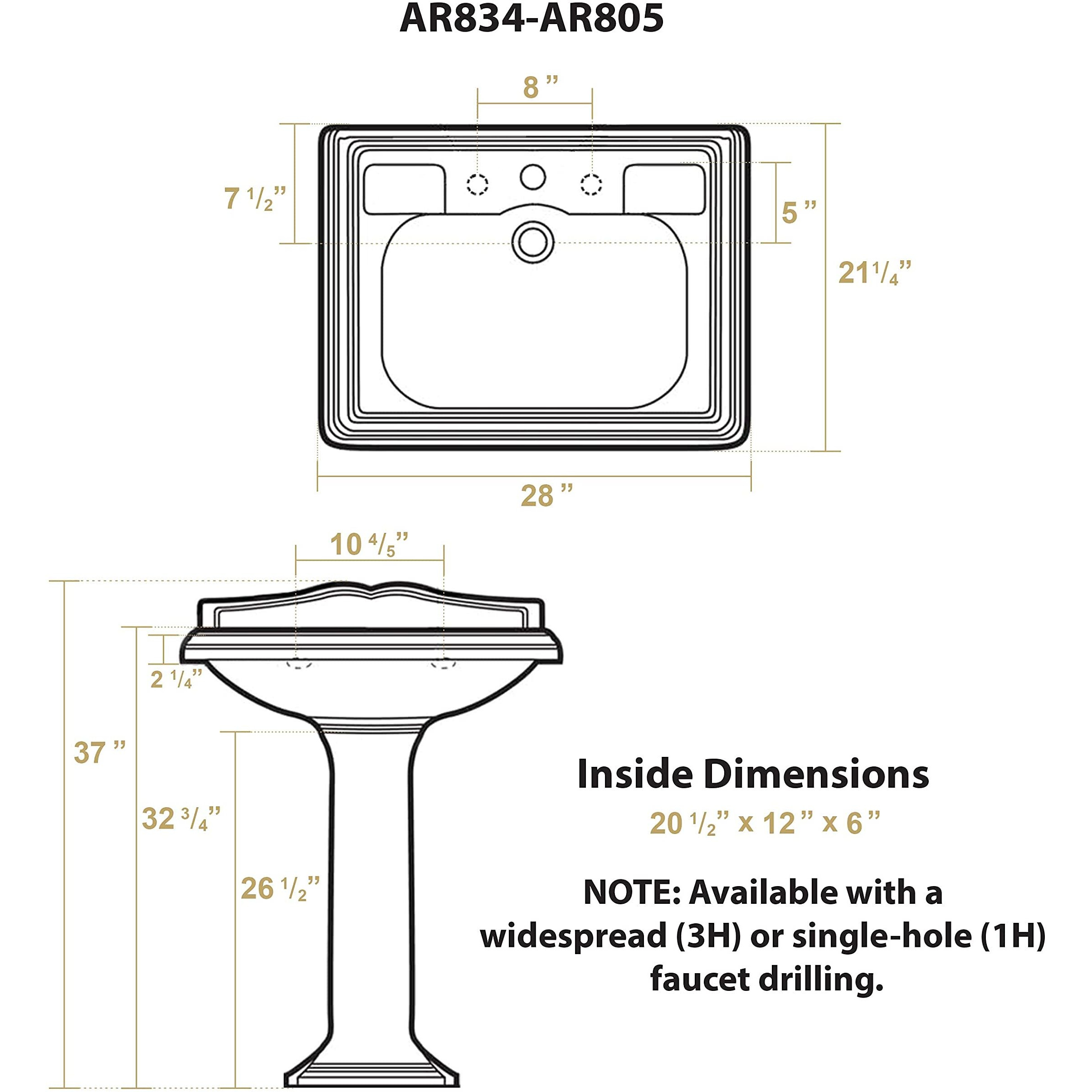 Isabella Collection Traditional Pedestal with an Integrated large Rectangular Bowl, Widespread Faucet Drilling, Backsplash, Dual Soap Ledges, Decorative Trim and Overflow