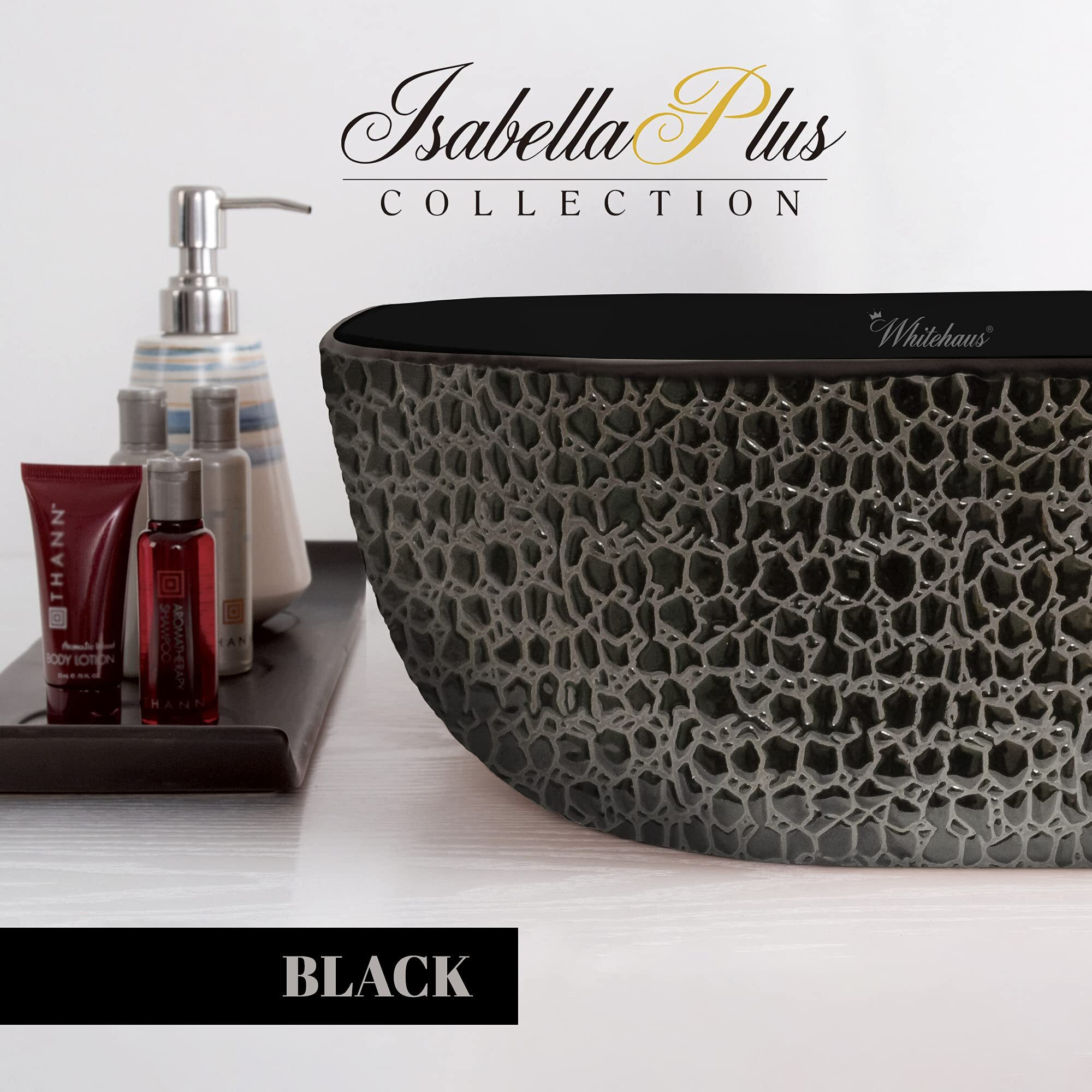 Isabella Plus Collection Rectangular Above Mount Basin with an Embossed Exterior, Smooth Interior, and Center Drain